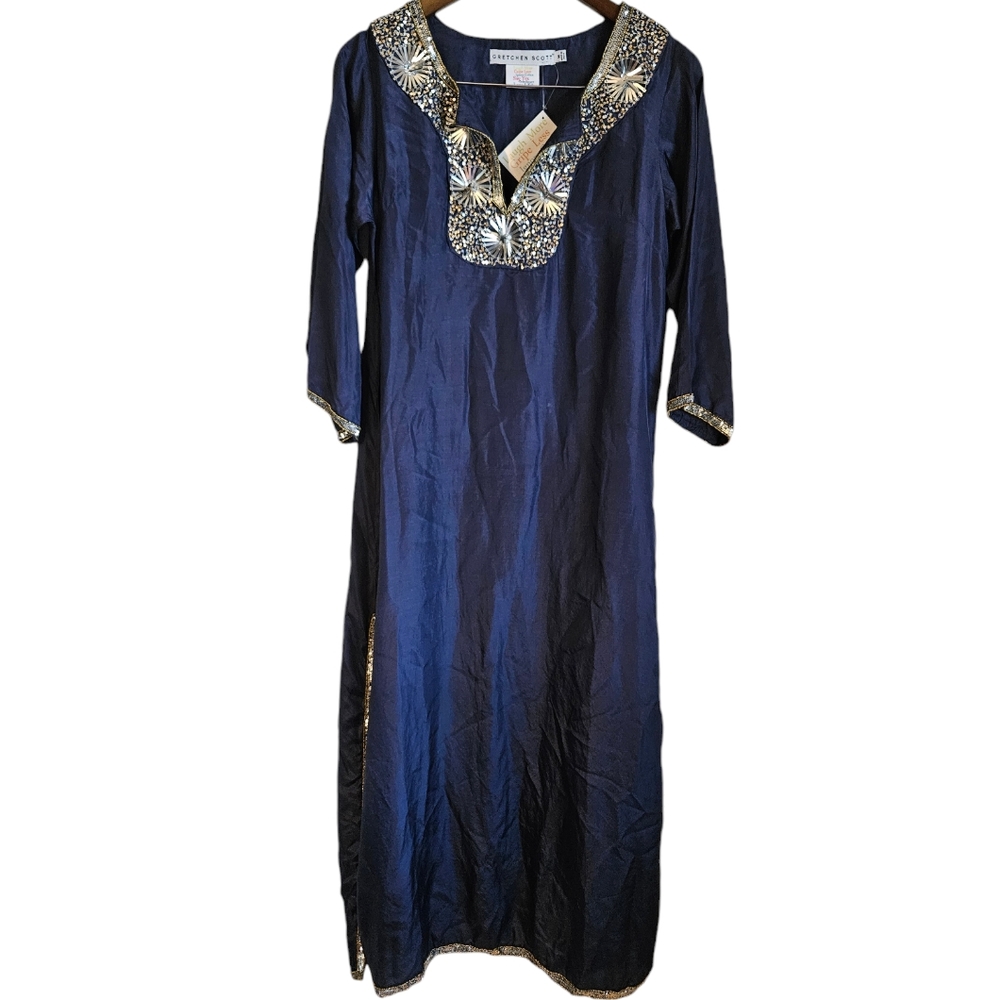 Gretchen Scott NWT Breaded Starry Night 100% Silk Maxi Dress Navy M
